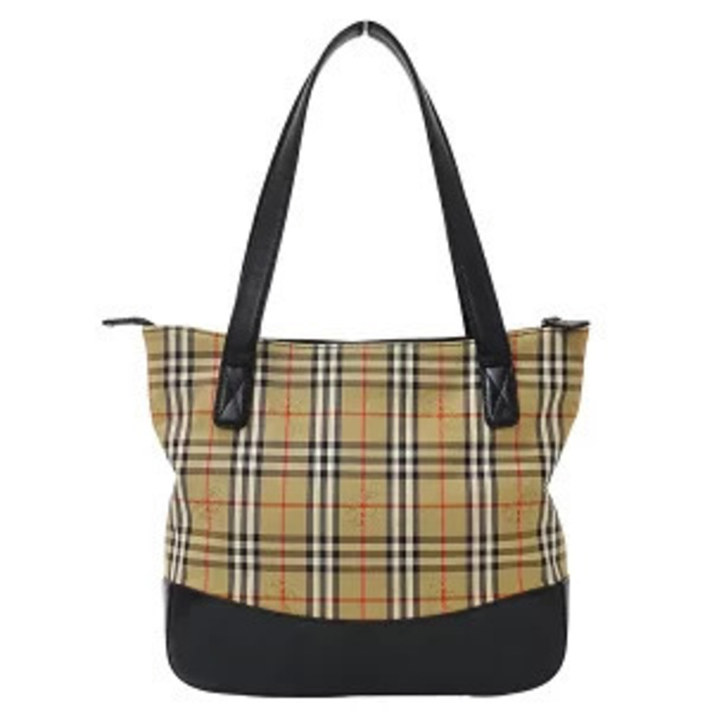 Burberry Tote Handbag Check Bag Beige Canvas Black